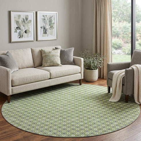 8' X 8' Green Gray And Ivory Geometric Washable Round Rug With UV Protection