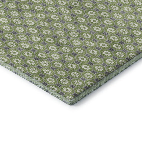 8' X 8' Green Gray And Ivory Geometric Washable Round Rug With UV Protection