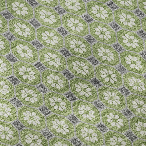 8' X 8' Green Gray And Ivory Geometric Washable Round Rug With UV Protection