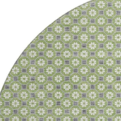 8' X 8' Green Gray And Ivory Geometric Washable Round Rug With UV Protection