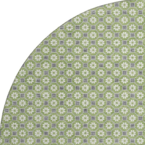 8' X 8' Green Gray And Ivory Geometric Washable Round Rug With UV Protection