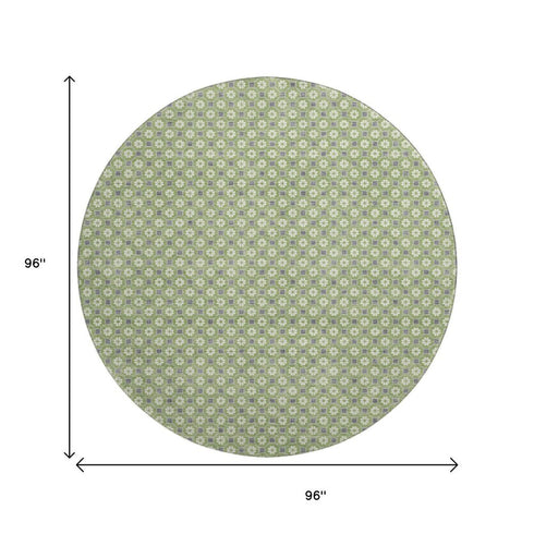 8' X 8' Green Gray And Ivory Geometric Washable Round Rug With UV Protection