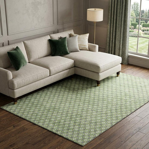 9' X 12' Green Gray And Ivory Geometric Washable Area Rug With UV Protection