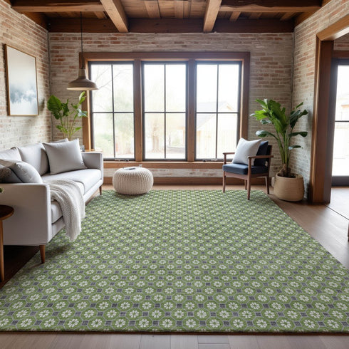 9' X 12' Green Gray And Ivory Geometric Washable Area Rug With UV Protection