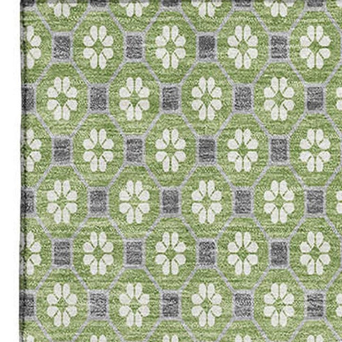 9' X 12' Green Gray And Ivory Geometric Washable Area Rug With UV Protection