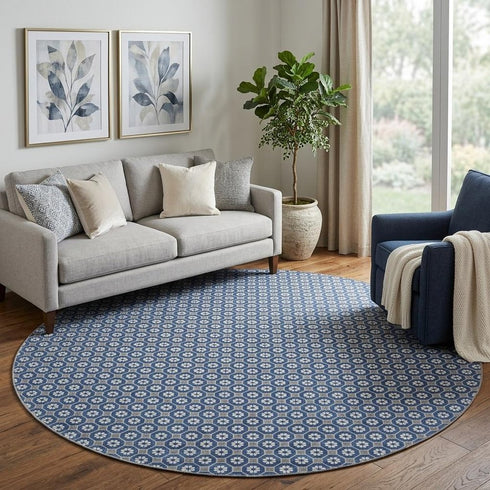 8' X 8' Navy Blue Gray And Silver Geometric Washable Round Rug With UV Protection