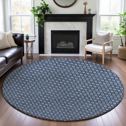 8' X 8' Navy Blue Gray And Silver Geometric Washable Round Rug With UV Protection