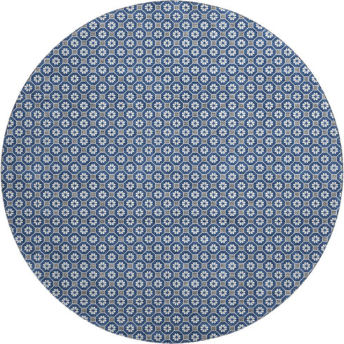 8' X 8' Navy Blue Gray And Silver Geometric Washable Round Rug With UV Protection