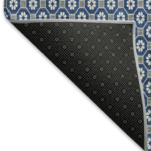 8' X 8' Navy Blue Gray And Silver Geometric Washable Round Rug With UV Protection