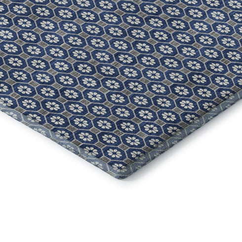 8' X 8' Navy Blue Gray And Silver Geometric Washable Round Rug With UV Protection