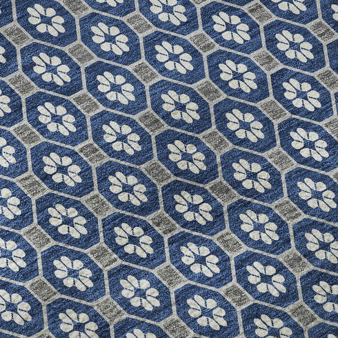 8' X 8' Navy Blue Gray And Silver Geometric Washable Round Rug With UV Protection