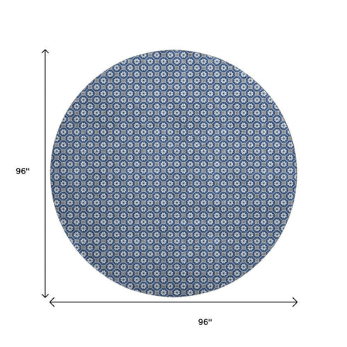 8' X 8' Navy Blue Gray And Silver Geometric Washable Round Rug With UV Protection