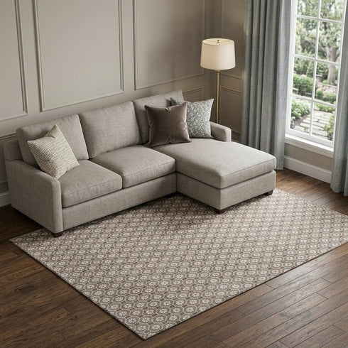 9' X 12' Taupe Brown And Ivory Geometric Washable Area Rug With UV Protection
