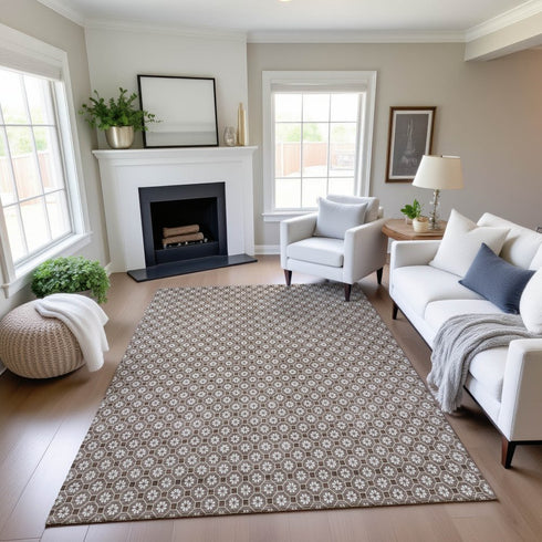 9' X 12' Taupe Brown And Ivory Geometric Washable Area Rug With UV Protection