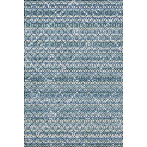5' X 8' Denim Blue Ivory And Teal Geometric Washable Area Rug With UV Protection