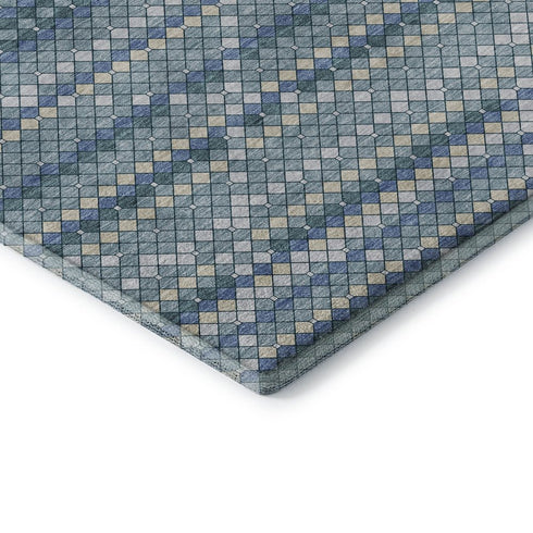 5' X 8' Denim Blue Ivory And Teal Geometric Washable Area Rug With UV Protection