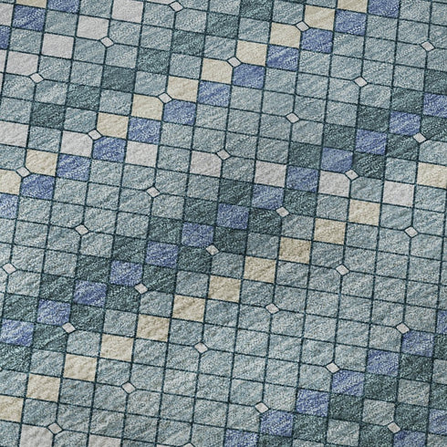 5' X 8' Denim Blue Ivory And Teal Geometric Washable Area Rug With UV Protection
