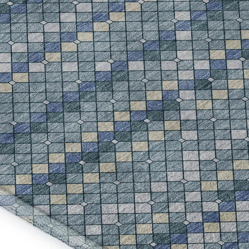 5' X 8' Denim Blue Ivory And Teal Geometric Washable Area Rug With UV Protection