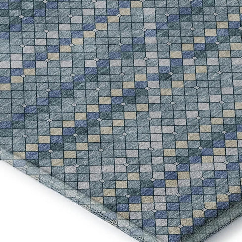 5' X 8' Denim Blue Ivory And Teal Geometric Washable Area Rug With UV Protection