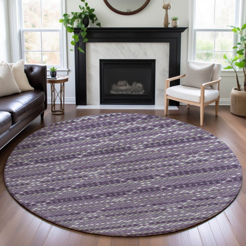 8' X 8' Purple Gray And Ivory Geometric Washable Round Rug With UV Protection
