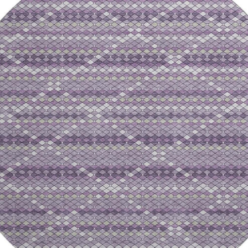 8' X 8' Purple Gray And Ivory Geometric Washable Round Rug With UV Protection