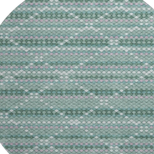 8' X 8' Teal Ivory And Lavender Geometric Washable Round Rug With UV Protection