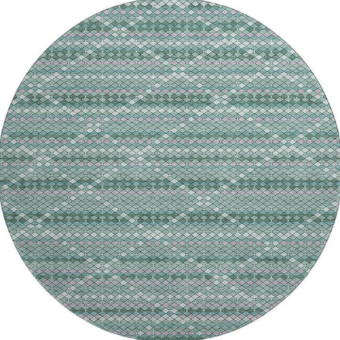 8' X 8' Teal Ivory And Lavender Geometric Washable Round Rug With UV Protection