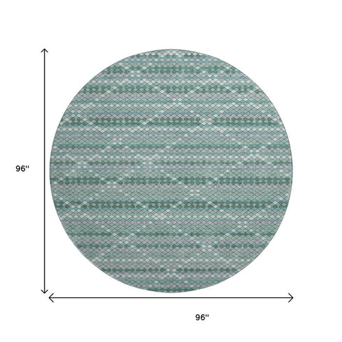 8' X 8' Teal Ivory And Lavender Geometric Washable Round Rug With UV Protection