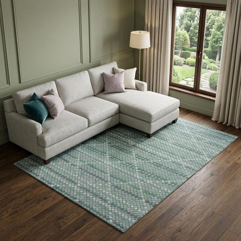 9' X 12' Teal Ivory And Lavender Geometric Washable Area Rug With UV Protection
