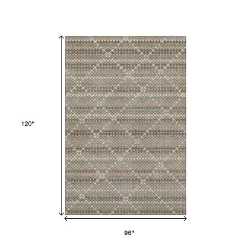 8' Taupe Brown And Ivory Geometric Washable Area Rug With UV Protection