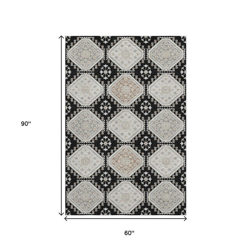 5' X 8' Black Silver And Gray Floral Washable Area Rug With UV Protection
