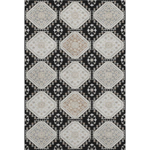 5' X 8' Black Silver And Gray Floral Washable Area Rug With UV Protection
