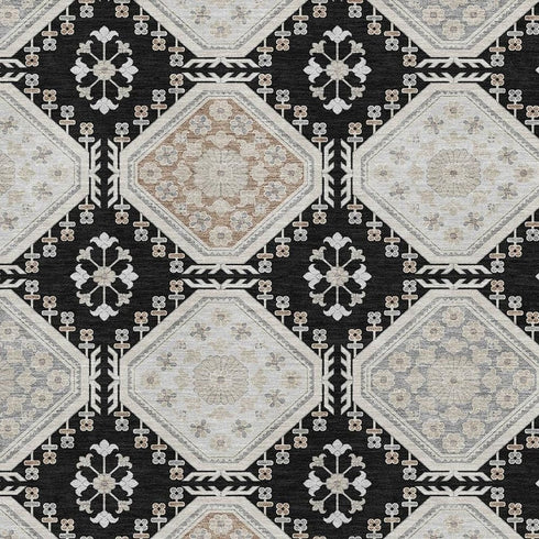 5' X 8' Black Silver And Gray Floral Washable Area Rug With UV Protection