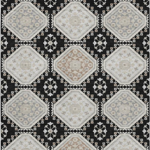 5' X 8' Black Silver And Gray Floral Washable Area Rug With UV Protection