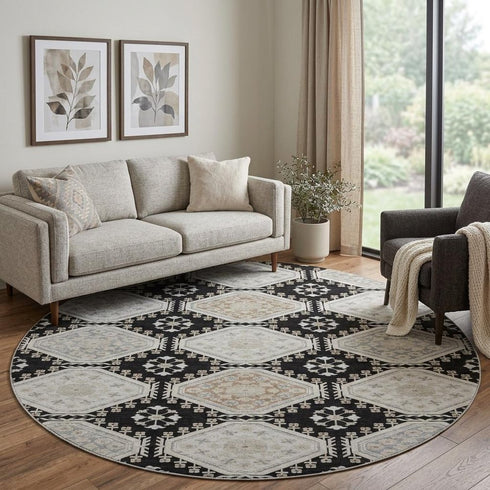 8' X 8' Black Silver And Gray Floral Washable Round Rug With UV Protection