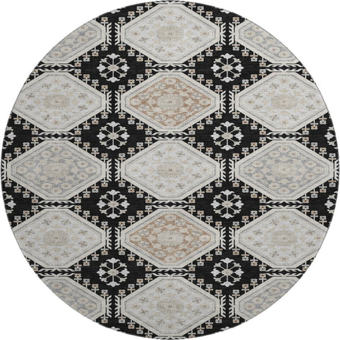 8' X 8' Black Silver And Gray Floral Washable Round Rug With UV Protection