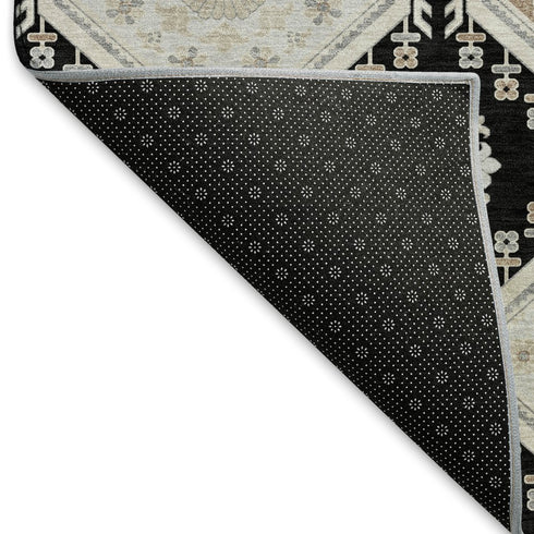 8' X 8' Black Silver And Gray Floral Washable Round Rug With UV Protection