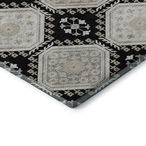 8' X 8' Black Silver And Gray Floral Washable Round Rug With UV Protection