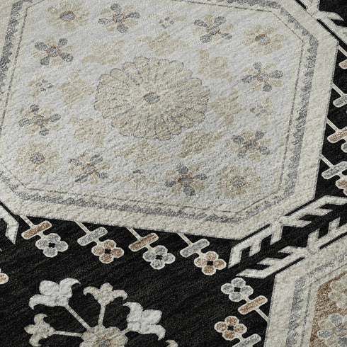 8' X 8' Black Silver And Gray Floral Washable Round Rug With UV Protection