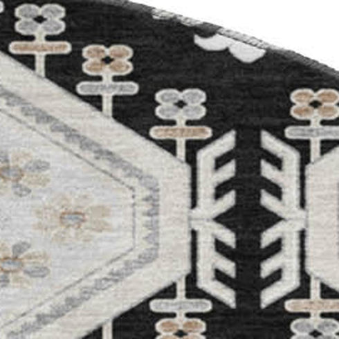 8' X 8' Black Silver And Gray Floral Washable Round Rug With UV Protection