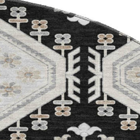 8' X 8' Black Silver And Gray Floral Washable Round Rug With UV Protection
