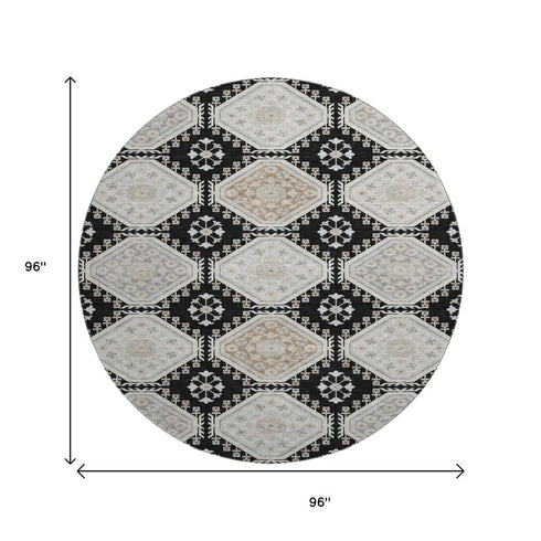 8' X 8' Black Silver And Gray Floral Washable Round Rug With UV Protection