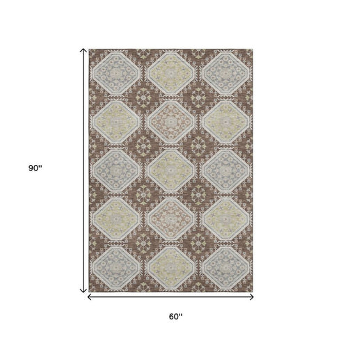5' X 8' Chocolate Beige And Blue Floral Washable Area Rug With UV Protection