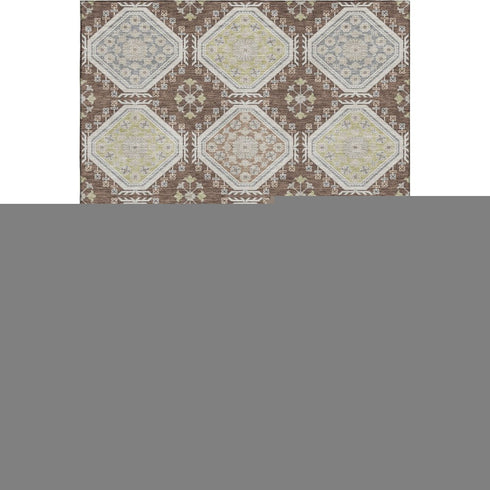 5' X 8' Chocolate Beige And Blue Floral Washable Area Rug With UV Protection