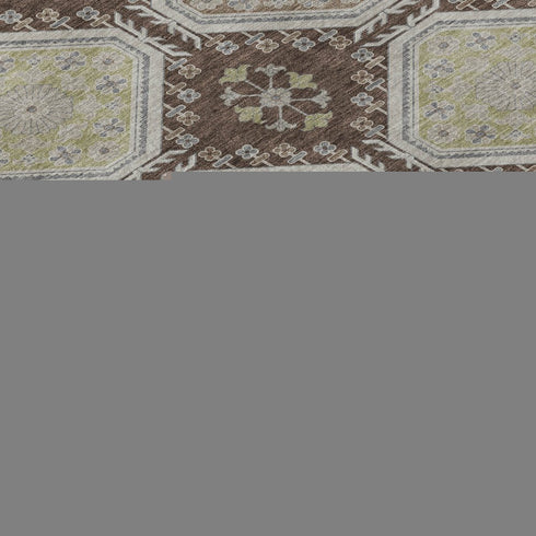 5' X 8' Chocolate Beige And Blue Floral Washable Area Rug With UV Protection