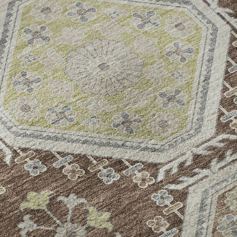 5' X 8' Chocolate Beige And Blue Floral Washable Area Rug With UV Protection
