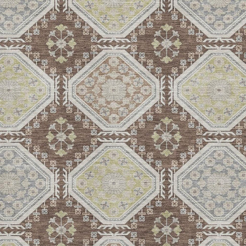 5' X 8' Chocolate Beige And Blue Floral Washable Area Rug With UV Protection