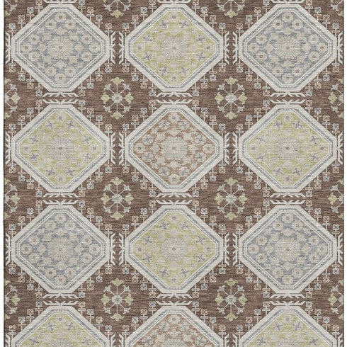 5' X 8' Chocolate Beige And Blue Floral Washable Area Rug With UV Protection