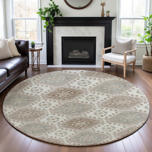 8' X 8' Ivory Brown And Gray Floral Washable Round Rug With UV Protection