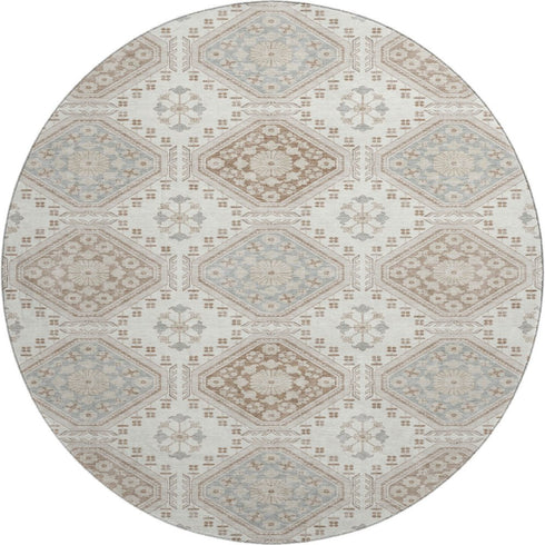 8' X 8' Ivory Brown And Gray Floral Washable Round Rug With UV Protection